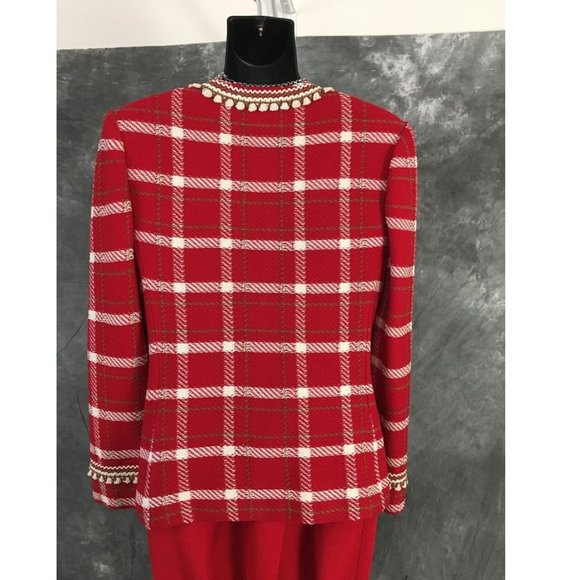 BEAUTIFUL St John collection knit red white fringe skirt suit size 6 - Picture 5 of 7